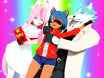 anthro blue_body blue_eyes blue_fur blue_hair brown_body brown_fur clothed clothing female female/female fluffy fluffy_tail food fur group hair long_hair male male/female pink_body pink_fur pink_hair tail track_jacket white_body white_fur malicekira brand_new_animal pocky studio_trigger michiru_kagemori nazuna_hiwatashi shirou_ogami canid canine canis fox mammal raccoon_dog tanuki wolf 3d_(artwork) 4:3 digital_media_(artwork) hi_res mikumikudance_(artwork)
