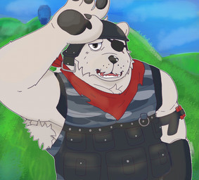 anthro black_eye_patch black_eyewear black_helmet black_pawpads blue_sky brown_eyes brown_nose clothing eye_patch eyewear fangs grass kerchief male military_uniform musclegut muscular pawpads pink_tongue plant red_kerchief sky solo teeth tongue uniform white_armpit_hair plagadraws epic_games fortnite polar_patroller bear mammal polar_bear ursine