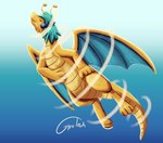 blue_hair dragon_dance feral flying hair membrane_(anatomy) membranous_wings orange_body solo spinning wings gyrotech nintendo pokemon sjru dragonite generation_1_pokemon pokemon_(species) absurd_res hi_res