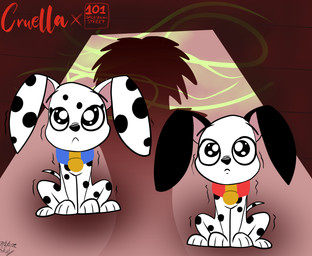 aged_down black_ears black_nose black_spots blue_collar collar duo female feral floppy_ears fur male markings offscreen_character pink_inner_ear red_collar shadow spots spotted_body spotted_fur white_body white_fur fahadlami19 101_dalmatian_street 101_dalmatians cruella_(2021_film) disney cruella_de_vil perdita pongo canid canine canis dalmatian domestic_dog human mammal hi_res