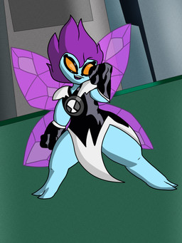 ambiguous_gender black_clothing black_dress clothed clothing dress fully_clothed gloves hair handwear omnitrix orange_eyes purple_hair solo thick_thighs wings chibitay ben_10 cartoon_network pesky_dust alien fairy humanoid nemuina 3:4 absurd_res hi_res male_(lore)