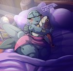 anthro bed bedroom big_breasts blush breasts clothing dialogue female fin freckles furniture lying nipple_slip open_mouth plushie slightly_chubby text thick_thighs wide_hips yellow_eyes iguanasarecool fan_character kate_fish_sinker catfish fish marine hi_res