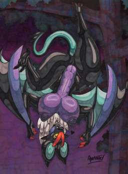 3_fingers abstract_background anthro anthrofied areola bat_wings belly big_areola big_breasts big_ears black_body black_eyes black_skin bodily_fluids breasts claws curvy_figure fangs female female_anthro finger_claws fingers genitals glistening glistening_belly glistening_body glistening_breasts glistening_genitalia glistening_legs glistening_skin glistening_thighs glistening_vulva glistening_wings hanging_upside_down hourglass_figure huge_areola huge_breasts huge_hips huge_thighs long_tail looking_at_viewer membrane_(anatomy) membranous_wings neck_tuft night nipples nude nude_anthro nude_female outside plant plump_labia puffy_nipples purple_areola purple_body purple_nipples purple_skin red_claws sharp_teeth solo sweat sweatdrop sweaty_breasts sweaty_legs sweaty_thighs tail teeth text thick_thighs tree tuft upside_down voluptuous voluptuous_anthro voluptuous_female vulva wide_hipped_anthro wide_hipped_female wide_hips wings yellow_sclera parasitedeath nintendo pokemon generation_6_pokemon noivern pokemon_(species) 2026 absurd_res artist_name graphite_(artwork) hi_res marker_(artwork) signature traditional_media_(artwork)