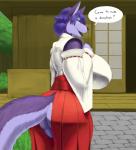 anthro asian_clothing big_breasts black_tongue blue_eyes breasts butt clothing dialogue east_asian_clothing easy_access female fur hair huge_breasts japanese_clothing looking_at_viewer looking_back miko_outfit open_mouth purple_body purple_fur purple_hair smile solo text tongue jindragowolf jen_(jindragowolf) canid canine canis mammal wolf digital_media_(artwork) english_text hi_res