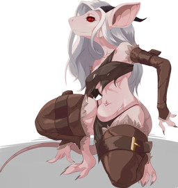 anthro arm_warmers armwear bottomwear breasts clothed clothing fangs feet female fur hair horn leather leather_clothing legwear loincloth red_eyes skimpy solo tail teeth thigh_highs topwear chalk_outline warhammer_(franchise) mammal murid murine rat rodent skaven absurd_res hi_res