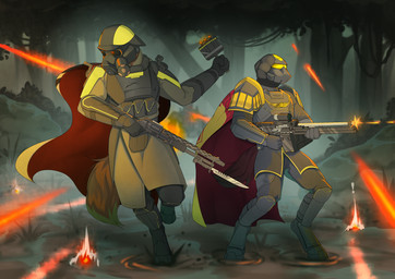 action_pose action_scene anthro armor duo explosives fight grenade gun headgear helmet male pose ranged_weapon running weapon klempner helldivers broderick_longshanks gray_mccolt equid equine horse mammal absurd_res hi_res