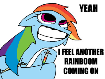 big_pupils blue_body clenched_teeth dilated_pupils drugs ears_down female feral hair injection multicolored_hair needleplay pivoted_ears pupils rainbow_hair simple_background solo syringe teeth text wide_eyed the_weaver friendship_is_magic hasbro my_little_pony rainbow_dash_(mlp) equid equine horse mammal pony 4:3 english_text impact_(font)