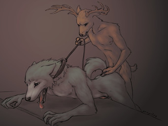 anal anal_penetration anthro anthro_on_anthro anthro_penetrated anthro_penetrating anthro_penetrating_anthro antlers bdsm brown_body brown_fur collar collar_only dominant dominant_male duo from_behind_position fur grey_body grey_fur horn interspecies leash leash_pull male male/male male_penetrated male_penetrating male_penetrating_male nude open_mouth penetration penile penile_penetration petplay roleplay sex submissive submissive_male tongue tongue_out peregr1ne beastars legoshi_(beastars) louis_(beastars) canid canine canis cervine deer mammal red_deer wolf 2021 4:3 hi_res