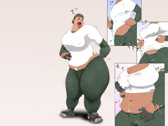 big_breasts bottomwear breast_growth breasts bulge camel_toe clothing female footwear gender_transformation growth human_to_anthro male mtf_transformation navel nipple_outline open_mouth overweight pants question_mark shoes simple_background solo species_transformation standing surprised torn_clothing transformation weight_gain nken gillpanda_(character) bear giant_panda human mammal 2011 comic digital_media_(artwork)