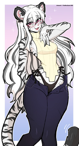 anthro biped bottomwear breasts clothed clothed_anthro clothed_female clothing female front_view fur hair looking_at_viewer open_bottomwear open_clothing open_pants panties pants simple_background solo standing tail topwear underwear white_body white_fur white_hair white_tail thericegoat felid mammal pantherine tiger absurd_res hi_res