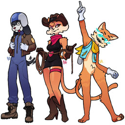 anthro armor belt black_body black_clothing black_dress black_ears black_fur black_hat black_headwear black_nose black_tail blue_bodysuit blue_clothing blue_eyewear blue_glasses blue_helmet blue_jumpsuit blue_skinsuit blue_topwear blue_vest bodysuit boots brown_belt brown_boots brown_clothing brown_eyes brown_footwear brown_hat brown_headwear brown_jacket brown_nose brown_shoes brown_topwear clothed clothing cowboy_hat dress eyewear female footwear fur glasses gloves grey_body grey_clothing grey_fur grey_gloves grey_handwear grey_helmet group half-closed_eyes handwear hat headgear headwear heart_belt heart_symbol helmet high_heeled_boots high_heels holding_lasso holding_object holding_rope jacket jumpsuit kerchief lasso male motion_lines multicolored_belt multicolored_body multicolored_fur narrowed_eyes neckerchief neckwear open_clothing open_jacket open_topwear open_vest orange_body orange_ears orange_fur orange_tail pose raised_finger red_belt red_kerchief red_neckerchief rope scarf shoes simple_background skinsuit smile standing tail tail_motion tailwag tan_body tan_fur teeth tight_clothing tongue tongue_out topwear trio two_tone_belt two_tone_body two_tone_fur two_tone_hat two_tone_helmet vest white_background yellow_scarf zipper rodentgame acecraft charlie_(acecraft) elsa_(acecraft) joey_(acecraft) canid canine canis domestic_cat domestic_dog felid feline felis mammal 1:1 2025 digital_media_(artwork) hi_res signature