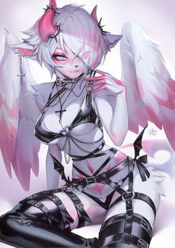 alternative_fashion anthro black_clothing black_collar black_latex black_panties black_underwear blue_eyes bra clothed clothing collar cross cross_ear_piercing cross_necklace cross_piercing ear_piercing ear_ring feathered_wings feathers female front_view fur garter_straps goth hair horn jewelry latex latex_bra latex_clothing latex_legwear latex_underwear legwear looking_at_viewer markings mouth_closed narrowed_eyes navel necklace panties piercing pink_body pink_fur pink_horn pink_markings purple_sclera ring_piercing simple_background skimpy solo spiked_collar spikes thigh_highs underwear white_background white_body white_fur white_hair wings shermugi nintendo pokemon pink_absol_(lucario231) generation_6_pokemon mega_absol mega_evolution pokemon_(species) 2023 absurd_res hi_res signature