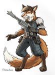 alternative_fashion anthro armor eyewear fur glasses gun long_tail looking_at_viewer male ranged_weapon red_body red_fur shotgun solo steampunk tail weapon filomedusa_(artist) tayrush_(character) canid canine fox mammal red_fox true_fox hi_res