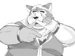 anthro belly big_belly blush clothing hoodie humanoid_hands kemono male overweight overweight_male simple_background solo topwear white_background sv_grart lifewonders live_a_hero mokdai canid canine canis domestic_dog mammal 2022 absurd_res hi_res monochrome