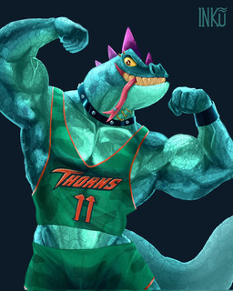 abs anthro barazoku basketball_jersey basketball_shorts basketball_uniform biceps big_muscles clothed clothing collar eyebrow_piercing facial_piercing flexing forked_tongue green_body head_spikes long_tongue looking_at_viewer male midriff muscular muscular_male neck_piercing pecs piercing raised_arm showing_teeth solo spikes spikes_(anatomy) sportswear tail tongue tongue_out tongue_piercing uniform v-cut vein veiny_muscles wristband yellow_eyes inku_dirty_ocean goat_(movie) sony_corporation sony_pictures modo_olachenko komodo_dragon lizard monitor_lizard reptile scalie hi_res