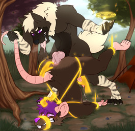 anal anal_penetration anthro bodily_fluids bound buckteeth clenched_teeth cum disembodied_hand duo fluffy fluffy_tail forest genital_fluids genitals ghost_hand grass hair interspecies knot knotted_penis magic male male/male on_ground outside penetration penis plant purple_eyes purple_hair rat_tail sex size_difference tail tail_pull teeth tether tongue tongue_out tree vein cataxdrk2020 warhammer_(franchise) rahim_(zowen) tucci hyena mammal murid murine rat rodent skaven hi_res