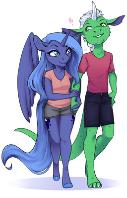 anthro blue_eyes claws clothed clothing duo female green_eyes hand_holding heart_symbol hooves horn male male/female simple_background smile standing tail wings redpixie friendship_is_magic hasbro my_little_pony mythology princess_luna_(mlp) dragon equid equine mammal mythological_creature mythological_equine mythological_scalie scalie winged_unicorn hi_res