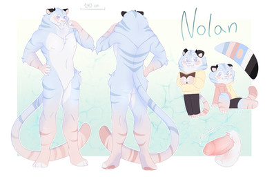anthro balls big_penis blue_eyes blush chibi clothing fangs genitals horn male muscular muscular_male nipples nude penis simple_background smile solo standing teeth text asusya nolan_(asusya) felid feline mammal pantherine prehistoric_species saber-toothed_tiger tiger absurd_res digital_media_(artwork) english_text hi_res model_sheet shaded