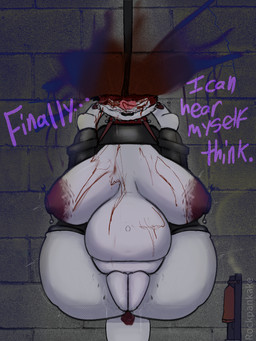 anthro anus bdsm bdsm_gear blood bodily_fluids bondage bound corpse ear_piercing female genitals gore gun nipple_piercing nipples piercing plump_labia pregnant pregnant_anthro pregnant_female ranged_weapon simple_background snuff solo suspension suspension_bondage text vulva weapon white_body rockpankake boy_kisser_(rockpankake) canid canine mammal 2026 digital_media_(artwork) english_text hi_res