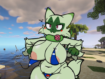 anthro areola beach belly big_breasts bikini blush breasts clothing female female_anthro fur glistening glistening_body green_body green_fur huge_breasts nipples pokeball pokeball_clothing solo standard_pokeball surprised swimwear tan_areola tan_nipples thick_thighs two-piece_swimsuit wardrobe_malfunction wide_hips katarty8 microsoft minecraft mojang nintendo pokemon xbox_game_studios felid feline floragato generation_9_pokemon mammal pokemon_(species) 4:3 hi_res