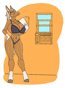 air_conditioner anthro big_breasts blonde_hair bodily_fluids bra breasts brown_body cleavage clothed clothing eyewear fanning fanning_self female front_view glasses hair hand_on_hip hooves lace lingerie long_hair multicolored_body panties paper solo standing sweat tail tan_body tan_hair thick_thighs thong two_tone_body underwear wearing_glasses window lurker_bot kaitlyn_(wsad) equid equine horse mammal