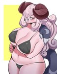 anthro big_breasts bikini blush breasts clothed clothing eyewear female glasses hair smile solo swimwear two-piece_swimsuit cecily_lin bovid caprine mammal sheep absurd_res hi_res