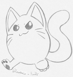 ambiguous_gender black_eyes black_pawpads cat_smile eggcat feral food fur graphite looking_at_viewer pawpads simple_background smile solo tail whiskers white_body white_fur lunarpanda8686 domestic_cat felid feline felis food_creature mammal monochrome sketch traditional_media_(artwork)