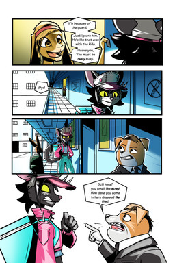 accessory anthro background_text backpack black_body black_fur blue_bottomwear blue_clothing blue_pants bottomwear brown_body brown_fur clothing dialogue female fur group jacket male necktie pants pink_clothing pink_jacket pink_topwear school speech_bubble suit text topwear yellow_eyes gatonejo background_character mono_(gatonejo) bovid canid canine canis caprine domestic_cat domestic_dog felid feline felis goat mammal absurd_res comic english_text hi_res