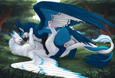 anal anal_penetration balls blue_body blue_fur bodily_fluids claws cum cum_in_ass cum_inside duo entwined_tails eye_contact feathered_wings feathers feet feral feral_on_feral feral_penetrated feral_penetrating feral_penetrating_feral from_front_position fur genital_fluids genitals grass hindpaw knot knotted_penis knotting looking_at_another lying male male/male male_feral male_penetrated male_penetrating male_penetrating_male missionary_position nature_background on_back on_grass on_ground outside_sex pawpads paws penetration penile penile_penetration penis penis_in_ass pink_pawpads pink_penis plant sex tail tail_coil tail_tuft tuft white_body white_fur wings conditional_dnp zenrii mythology derionax luamir avian gryphon mythological_avian mythological_creature absurd_res hi_res