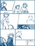 2018 anthro blue_and_white breasts canid canine canis casual_nudity clothed clothing comic conditional_dnp featureless_breasts female fur hair hand_on_hip keidran male mammal monochrome natani nude sibling_(lore) simple_background sketch small_breasts smile square_crossover tom_fischbach twokinds white_background wolf youngtani zen_(twokinds)