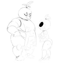 anthro beakless bodily_fluids clothed clothing duo female machine simple_background size_difference sweat vulgar_isaac five_nights_at_freddy's five_nights_at_freddy's_2 scottgames chica_(fnaf) toy_chica_(fnaf) animatronic avian bird chicken galliform humanoid phasianid robot 1:1 digital_media_(artwork) hi_res monochrome