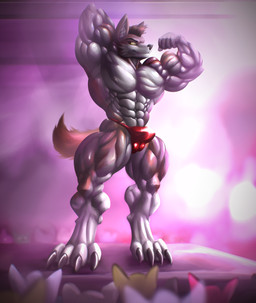 anthro balls_outline bulge claws detailed_bulge flexing genital_outline male muscular muscular_anthro muscular_male muscular_thighs penis_outline pose solo stage rizzyofen demowolf canid canine canis mammal wolf absurd_res hi_res