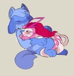 blue_body blue_fur blush duo female feral fur male male/female open_mouth open_smile pink_body pink_fur smile bloowolfy nintendo pokemon fan_character generation_2_pokemon generation_4_pokemon legendary_pokemon pokemon_(species) riolu suicune 2024 hi_res