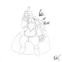 anthro belt bottomwear breasts clothing cybernetic_arm cybernetic_limb duo featureless_breasts female hair male mask mechanical_arm navel neck_tuft pants sitting sound_effects star swallowing teeth tuft vore zipper radarn_(artist) bandai_namco digimon rai_(radarn) canid canine digimon_(species) fox mammal wolvermon 1:1 2025 hi_res line_art monochrome