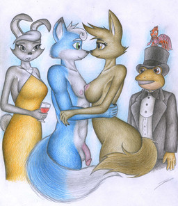 5_fingers aged_up anthro anthro_on_anthro balls black_nose blue_body blue_fur blush breasts clothed clothed_anthro clothed_female clothed_male clothing crossover_ship dress female fingers fur genitals green_body green_skin group hair hat headgear headwear humanoid_hands male male/female multicolored_body multicolored_fur navel nipples nude nude_anthro nude_female nude_male orange_body orange_fur penis pink_body pink_fur public public_nudity smile standing suit tail top_hat two_tone_body two_tone_fur white_body white_fur white_hair sinaherib dreamworks nintendo star_fox the_bad_guys ellen_wolf_foxington fan_character marcus_mccloud ms._tarantula_(the_bad_guys) peppy's_granddaughter slippy's_son amphibian arachnid arthropod canid canine canis fox frog hare hybrid lagomorph leporid mammal mygalomorph spider tarantula toad_(frog) wolf absurd_res colored_pencil_(artwork) crossover hi_res story story_in_description traditional_media_(artwork)