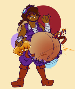anthro belly belt belt_snap big_belly bodily_fluids boots chest_wraps clothing drooling eyes_closed eyewear eyewear_on_head female food footwear goggles goggles_on_head grin holding_food holding_object huge_belly pastry saliva shaking sharp_teeth shivering shoes smile solo standing stuffing sweat teeth wraps arllanaeats delta_(squeakoverflow) lagomorph mammal hi_res