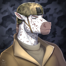abstract_background anthro armor brown_spots clothed clothing facial_spots front_view headgear helmet logo male male_anthro military mouth_closed narrowed_eyes orange_eyes soldier solo spots spotted_face spotted_neck text warrior white_body apple-faced spotty_(thespotty133) equid equine horse mammal 1:1 artist_logo artist_name bust_portrait hi_res portrait