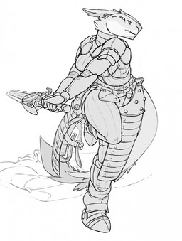 4_eyes action_pose angry armor chain_sword chainsword clothed clothing female fight holding_melee_weapon holding_object holding_weapon melee_weapon multi_eye pose running simple_background solo weapon white_background kofomy unknown_species greyscale hi_res monochrome