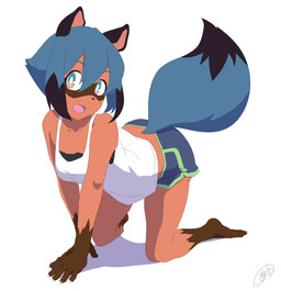 5_fingers all_fours anthro barefoot black_body black_fur black_hair black_nose blue_body blue_eyes blue_fur blue_hair bottomwear brown_body brown_fur clothed clothing cute_fangs dipstick_tail dolphin_shorts fangs feet female fingers fluffy fluffy_tail fur hair looking_at_viewer markings multicolored_body multicolored_eyes multicolored_fur multicolored_hair pink_eyes shirt short_hair shorts simple_background solo tail tail_markings tank_top teeth topwear white_background hgk_0411 brand_new_animal studio_trigger michiru_kagemori canid canine mammal raccoon_dog tanuki 2020 absurd_res hi_res