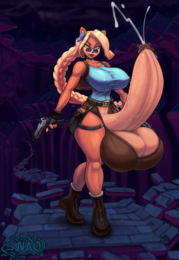 accessory anthro ball_bra balls big_balls big_breasts big_bulge big_penis blonde_hair bodily_fluids boots bottomwear braided_hair breasts brown_body bulge clothed clothing cosplay crossover_cosplay cum ejaculation erection eyebrows eyewear fingerless_gloves fingers flower flower_in_hair footwear genital_fluids genitals gloves green_eyes gun gynomorph hair hair_accessory handgun hands-free handwear holidays hotpants huge_balls huge_breasts huge_penis hyper hyper_balls hyper_genitalia hyper_penis intersex licking licking_lips long_hair looking_at_viewer multicolored_body nipple_outline partially_clothed penis plant ranged_weapon shoes shorts skimpy small_waist solo standing sunglasses text thick_thighs throbbing throbbing_penis tongue tongue_out topwear two_tone_body vein veiny_balls veiny_penis weapon snao activision crash_bandicoot_(series) halloween tomb_raider coco_bandicoot lara_croft bandicoot mammal marsupial 2022 artist_name crossover dated full-length_portrait hi_res portrait
