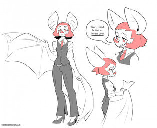 accessory anthro bat_nose belt belt_buckle big_ears buckle clothing collared_shirt dialogue dress_pants dress_shirt fangs female footwear hair high_heels holding_object holding_paper membrane_(anatomy) membranous_wings necktie paper red_eyes red_hair red_necktie red_nose shirt shoes solo speech_bubble teeth text topwear vest white_body winged_arms wings mardymuntjak bat mammal 2026 hi_res