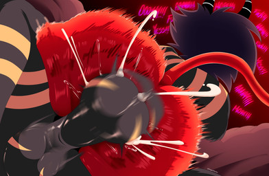 2_horns anal anal_penetration balls big_butt big_penis black_hair bodily_fluids butt cum cum_in_ass cum_inside dialogue duo erection female female_penetrated genital_fluids genitals hair horn huge_butt huge_penis male male/female male_penetrating male_penetrating_female motion_blur motion_lines not_furry penetration penis red_body red_skin sex short_hair text dragonmorfer hellaverse helluva_boss millie_(helluva_boss) demon humanoid imp 2026 absurd_res english_text hi_res