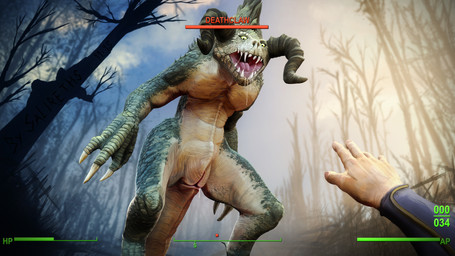 5_fingers animal_genitalia bodily_fluids claws cloaca clothed clothing detailed_background dripping drooling duo fangs female feral fingers first_person_view forest genitals grass green_body green_scales horn looking_at_viewer nails nude open_mouth outside plant saliva scales sharp_teeth sky smile solo_focus teeth tongue tree triangular_cloaca vault_suit wasteland salireths fallout microsoft the_sole_survivor_(fallout) deathclaw human lizard mammal reptile scalie 16:9 2015 3d_(artwork) digital_media_(artwork) hi_res widescreen