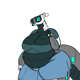 anthro big_breasts big_tail black_body bottomwear breasts clothed clothing denim denim_bottomwear denim_clothing denim_shorts female gesture hand_gesture looking_at_viewer mature_anthro mature_female overweight overweight_anthro overweight_female partially_clothed shirt shorts smile solo tail thick_thighs topwear torn_bottomwear torn_clothing v_sign white_body wide_hips systemshutdown34 syntia_(unknownaccount11) robot_anthro scalie synth_(vader-san) 2026 colored digital_media_(artwork) hi_res
