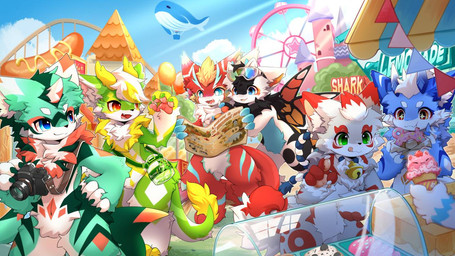 2_horns 4_fingers :3 amusement_park anthro bag bell beverage biped black_nose blue_body blue_eyes blue_fur blue_markings blue_sky blush blush_lines camera chest_tuft day dessert doughnut dragon_tail eating eating_food eyewear eyewear_on_head fangs fingers food fur fur_markings goggles goggles_on_head green_body green_eyes green_fur green_markings grey_body grey_fur group horn ice_cream kemono lemonade light light_beam looking_at_another male map markings multicolored_body multicolored_fur neck_tuft open_mouth orange_markings outside pastry pawpads paws red_body red_eyes red_fur red_markings ring sky snack standing star_eyes sunbeam sunlight tail teeth text tongue tongue_out tuft white_body white_fur wings yellow_body yellow_fur yellow_markings hlg7777 mythology dragonfruit_(character) fructose_(fructose_c) honlem lai_ka rugin canid canine canis dragon furred_dragon furred_fish furred_scalie mammal mythological_creature mythological_scalie scalie wolf 2023 digital_drawing_(artwork) digital_media_(artwork) english_text shaded soft_shading wallpaper