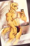 5_fingers abs anthro biceps biped bulge cellphone claws clothed clothing detailed_bulge electronics eyebrows eyewear fangs finger_claws fingerpads fingers fur glasses green_eyes grin holding_cellphone holding_object holding_phone holding_smartphone jockstrap jockstrap_only looking_at_viewer male male_anthro mirror_selfie muscular muscular_anthro muscular_male pawpads pecs phone pink_nose selfie smartphone smile smiling_at_viewer solo tan_body tan_fur teeth topless underwear underwear_only wearing_glasses patto chase_(retriever) bird_dog canid canine canis domestic_dog golden_retriever hunting_dog mammal retriever 2022 hi_res signature