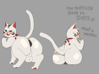 anus balls big_butt black_outline blush butt facesitting feral genitals glistening glistening_body glistening_butt looking_at_viewer macro male outline puffy_anus rear_view simple_background sitting_on_another smile solo tail text white_butt white_tail wide_hips haylapick as_the_gods_will maneki-neko maneki-neko_(as_the_gods_will) domestic_cat felid feline felis human mammal english_text hi_res