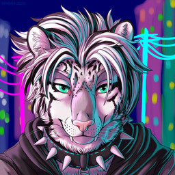 anthro black_body black_clothing black_fur black_topwear clothing collar female fur hair looking_at_viewer multicolored_hair solo spiked_collar spikes text topwear two_tone_hair white_body white_fur year marjani felid mammal pantherine snow_leopard 1:1 2022 artist_name bust_portrait digital_media_(artwork) hi_res icon portrait