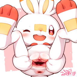 anthro anus blush female fur gaping gaping_vagina genitals heart_eyes heart_symbol one_eye_closed open_mouth open_smile presenting presenting_vulva red_eyes smile solo spread_vulva spreading vulva white_body white_fur wink young cotora nintendo pokemon generation_8_pokemon lagomorph mammal pokemon_(species) scorbunny 1:1 2023 absurd_res dated hi_res