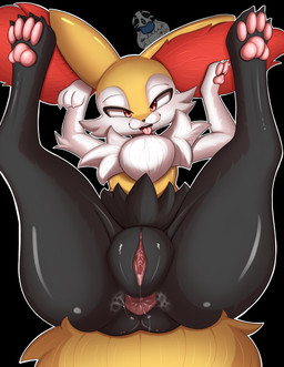 anthro anus black_body black_fur bodily_fluids butt female fur genital_fluids genitals legs_up looking_at_viewer lying male on_back open_mouth pawpads paws pink_anus pink_pawpads pink_vulva red_body red_eyes red_fur simple_background solo spread_legs spreading tail tongue tongue_out vaginal_fluids vulva wet_anus white_body white_fur yellow_body yellow_fur lewd_lorraine nintendo pokemon braixen generation_6_pokemon pokemon_(species) hi_res watermark
